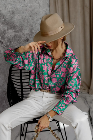 Zielona luźna koszula damska w różowe kwiaty  SIMPLY STYLE