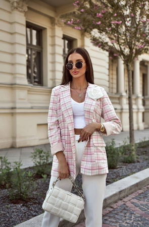 Różowo-Beżowy żakiet damski w kratę XANA BEIGE