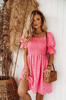 Różowa ażurowa krótka sukienka damska ze ściągaczem PINK DRESS