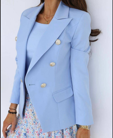 Błękitny dwurzędowy żakiet damski z ozdobnymi guzikami EDAN BALMAIN.
