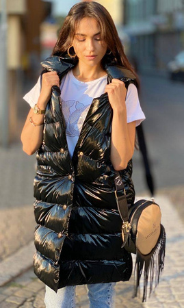 Długa, czarna metaliczna kamizelka SUN, zapinana na guziki z wysokim kołnierzem