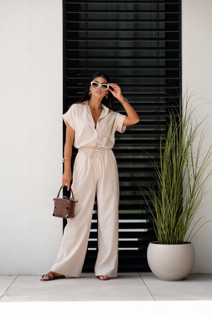 Beżowy lniany komplet damski, bluzka i spodnie PUR STYLE