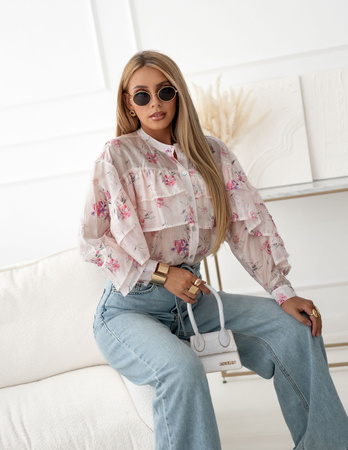 Pudrowo różowa bluzka damska z ozdobna falbana ROMA