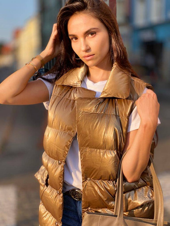 Długa, złota - miedziana metaliczna kamizelka SUN, zapinana na guziki z wysokim kołnierzem