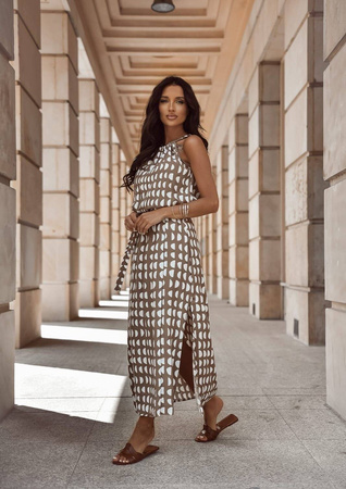 Beżowo-biała długa sukienka damska we wzory KORFU