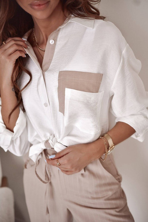 Beżowe eleganckie szerokie spodnie damskie w delikatne paseczki ELENA