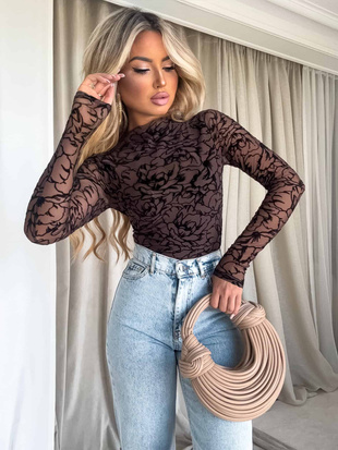 Czekoladowa    dopasowana   bluzka damska  SKIN  ROSE