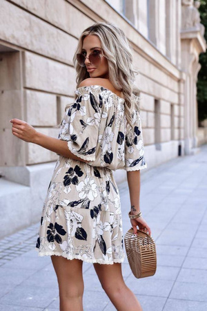 Beżowa krótka sukienka damska hiszpanka w kwiaty CLARA