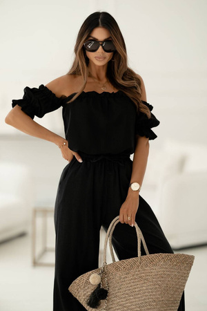 Czarny lniany komplet damski, bluzka hiszpanka i spodnie PUR STYLE