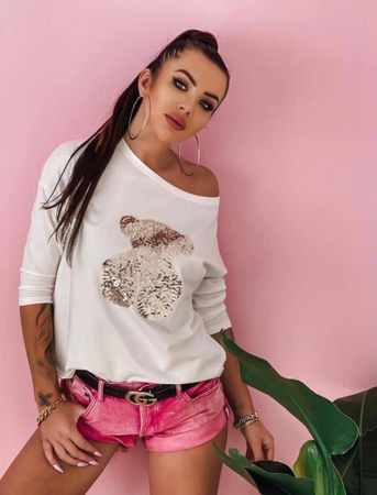 Luźna bluzka z rękawem 3/4 i misiem w złote cekiny