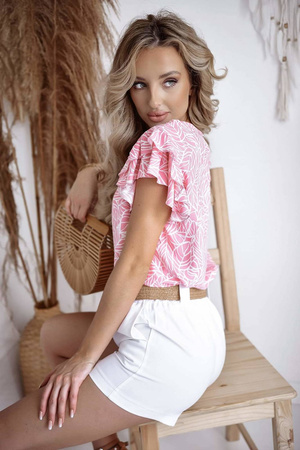 Różowo-biała bluzka damska z krótkim rękawem i falbanami we wzór liście XANA LEAVES
