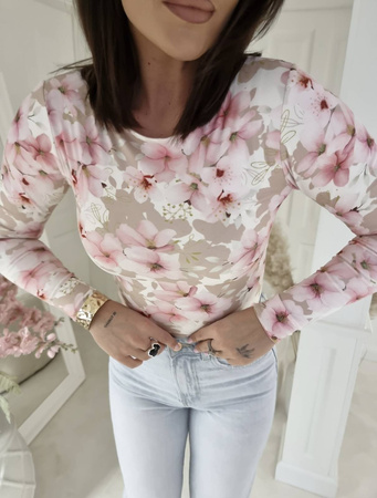 Pudrowo-różowa elastyczna dopasowana bluzka damska w kwiatowy print LEJDIi