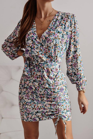 Krótka sukienka, motyw drobne kwiaty, wiązana w pasie, zapinana na zamek, długi rękaw FOR NOW LONG