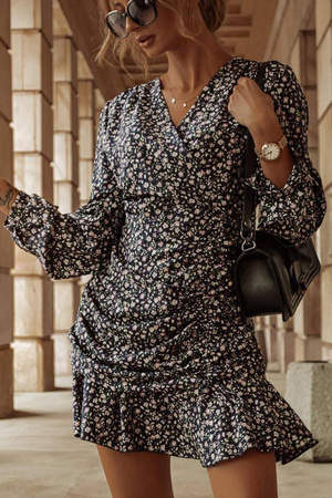 Krótka granatowa sukienka, motyw drobne kwiaty, wiązana w pasie, zapinana na zamek, długi rękaw FOR NOW LONG