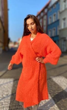 Pomarańczowy długi sweter KARDIGAN NEW SEASON z kieszeniami