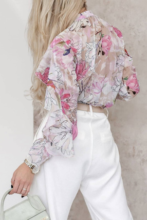 Różowo-biała bluzka damska w kwiaty z ozdobną falbaną MEMBER