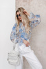 Niebiesko-biała bluzka damska w kwiaty z ozdobną falbaną MEMBER
