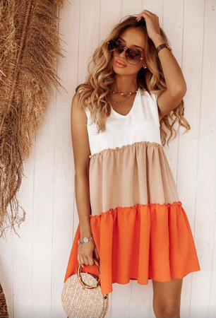 Biało-beżowo-pomarańczowa sukienka damska na ramiączkach BABY DOLL.