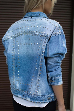 Kurtka, katana, niebieski JEANS OVER SIZE zdobiona dżetami.
