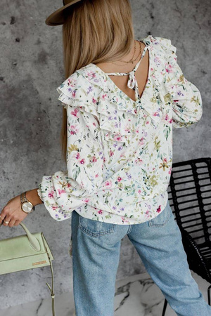 Biała bluzka damska w drobne kwiaty z falbaną z przodu i wiązaniem na plecach NICOLE