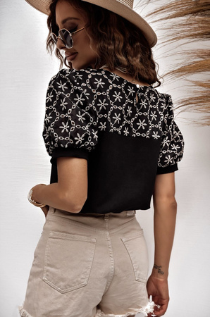 Czarna bawełniana bluzka damska z ozdobnym rękawem OLIWIA