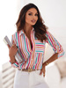Biała koszula damska w różowo-pomarańczowe paski MARIA