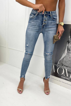 Dżinsowe spodnie damskie rurki z dziurami zapinane na guziki BUTTON JEANS
