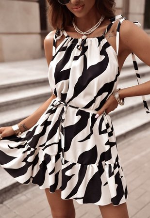 Beżowo- czarna sukienka damska na ramiączkach FLORA