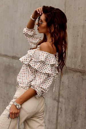 Beżowa bluzka hiszpanka z odkrytymi ramionami w kropki, beige