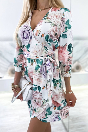 Biała kopertowa sukienka damska w kolorowe kwiaty FRANCE ELEGANT