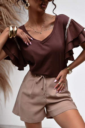 Brązowa bluzka damska z falbanka na rekawie ALEX