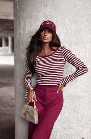 Bordowo-beżowa dopasowana bluzka damska w paski MORGAN