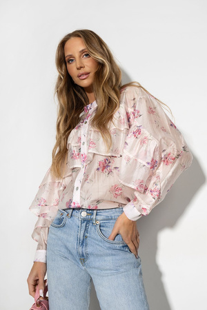 Pudrowo różowa bluzka damska z ozdobna falbana ROMA