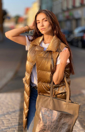 Długa, złota - miedziana metaliczna kamizelka SUN, zapinana na guziki z wysokim kołnierzem