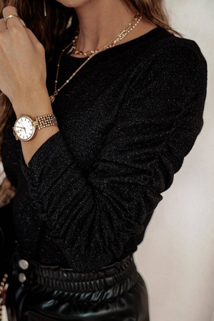 Dopasowana czarna bluzka damska z błyszczącą nitką i marszczeniem na rękawach SHINY CREASESS.