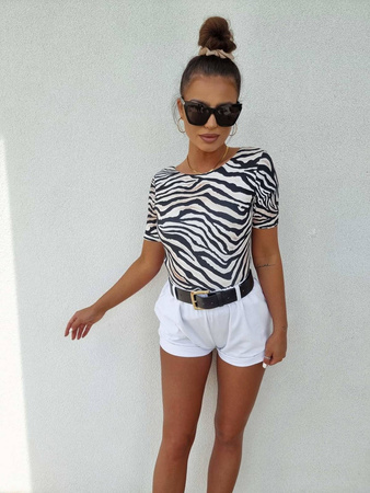 Beżowo-brązowa elastyczna bluzka damska z krótkim rękawem i dekoltem SOFT ZEBRA