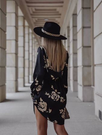 Czarna satynowa sukienka damska w kwiaty SIMPLY STYLE