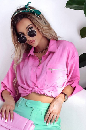 Różowa lniana koszula damska z zamkiem na kieszeni OREGON