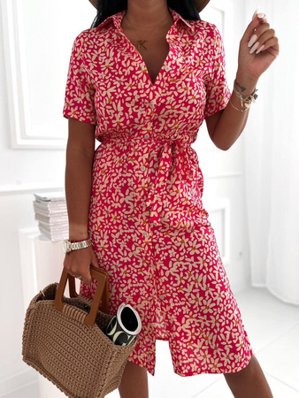 Malinowa długa sukienka damska w kwiaty GRECOS