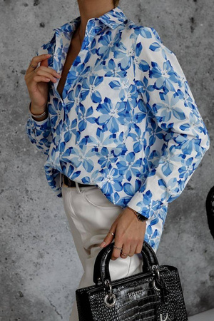 Biało-niebieska koszula damska w kwiaty SIMPLY FLOWER