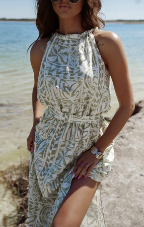 Biało-zielona długa sukienka damska we wzory AMELIA