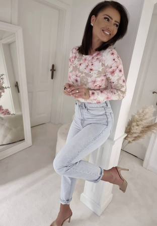 Pudrowo-różowa elastyczna dopasowana bluzka damska w kwiatowy print LEJDIi