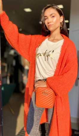 Pomarańczowy długi sweter KARDIGAN NEW SEASON z kieszeniami