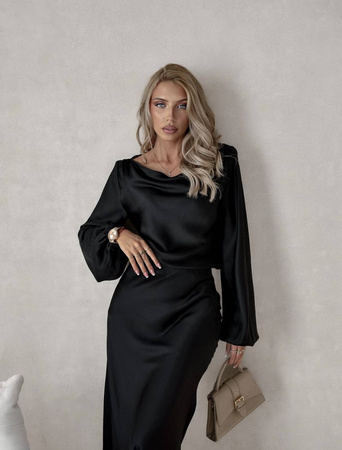 Czarny satynowy komplet damski, bluzka i spódnica PENELOPE