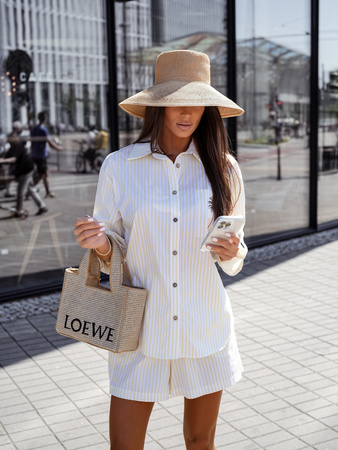 ECRU komplet damski w żółte paski koszula i spodenki XANA FASHION