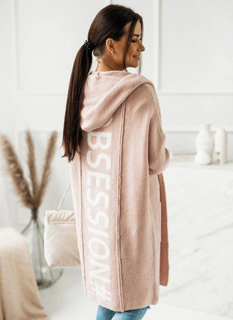 Długi kardigan z kapturem w kolorze pudrowego różu