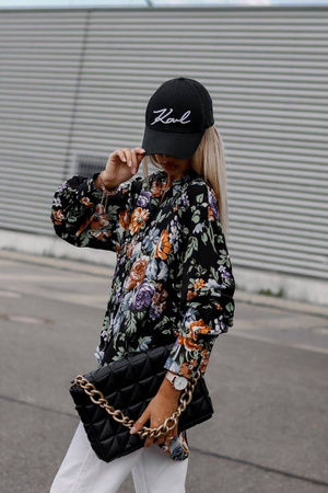 Czarna luźna koszula damska kolorowe kwiaty SIMPLY PRINT