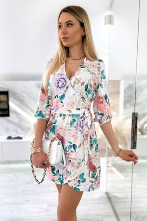 Biała kopertowa sukienka damska w kolorowe kwiaty FRANCE ELEGANT