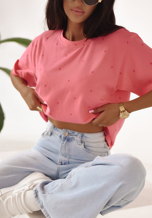 Różowy T-shirt  damski z krótkim rękawem PINK  HEART
