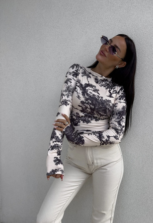 Beżowa dopasowana bluzka damska w czarny print SKIN DIOR